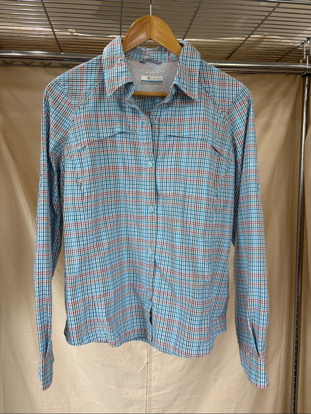 Columbia Plaid Button-Up Shirt in Light Blue, Coral & Navy